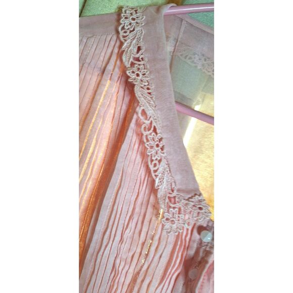 R&K Original 50s Pale Pink Sheer Gauze Cotton Chelsea Collar Pearl Button Smock - Picture 8 of 12